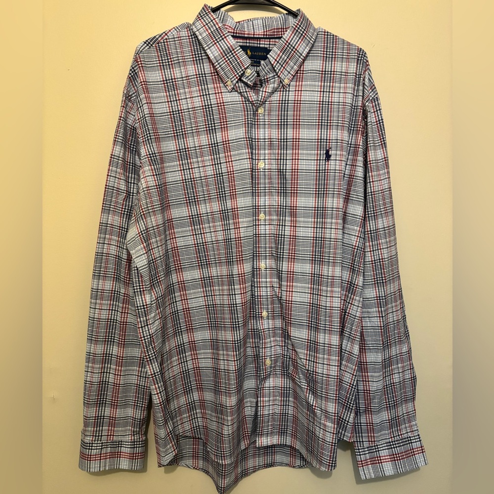 Ralph Lauren Men's Red and Blue Plaid Shirt Slim Fit